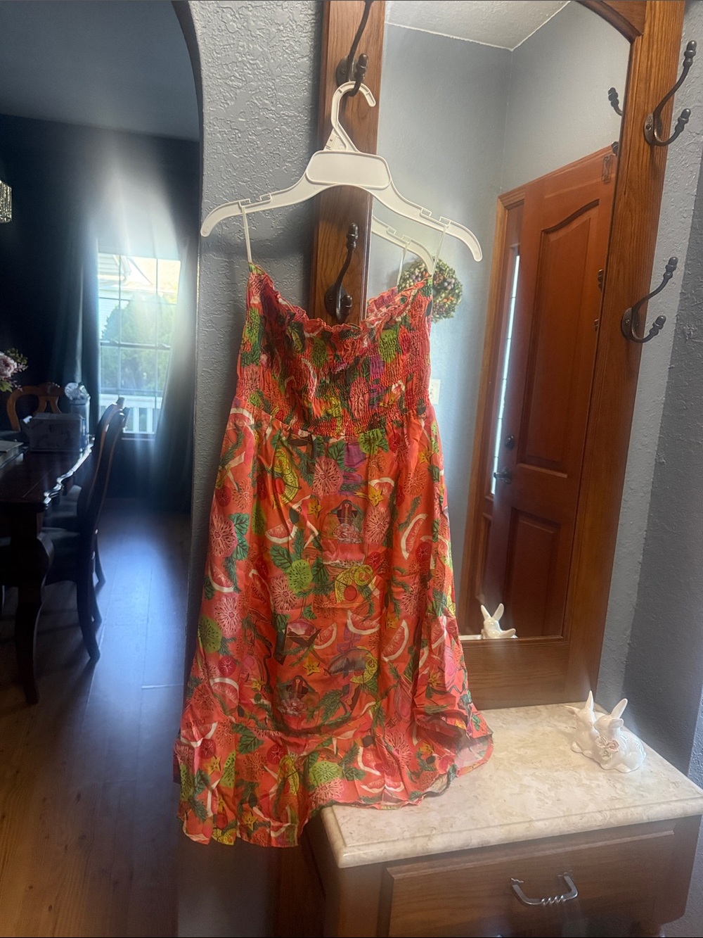 Coral Tropical Print Smocked Sundress